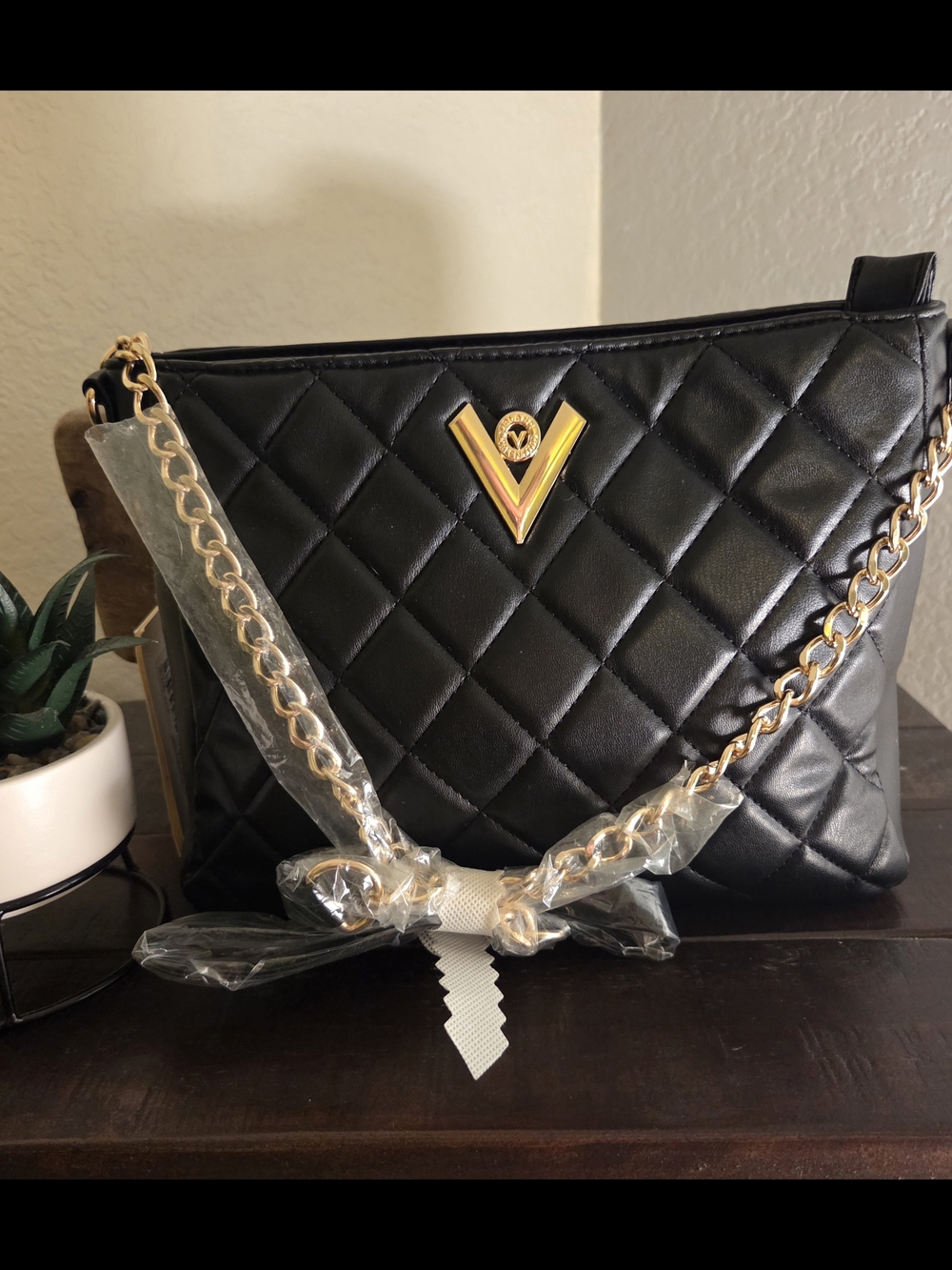 Valentino Orlandi Black Quilted Shoulder Bag with Gold V Emblem